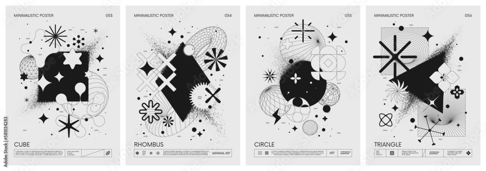Fototapete Futuristic retro vector minimalistic Posters with geometric shapes dissolve into dust and strange wireframes graphic figures, modern design inspired by brutalism and silhouette basic figures, set 14