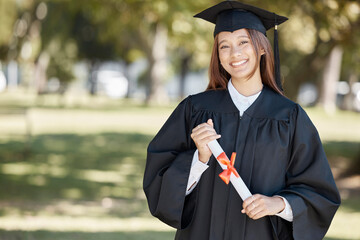 Graduation, education and portrait of woman on campus with smile for success, award and...