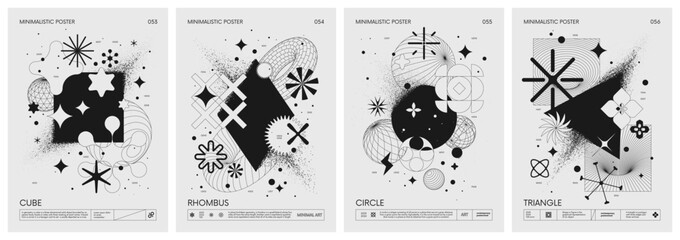 Futuristic retro vector minimalistic Posters with geometric shapes dissolve into dust and strange wireframes graphic figures, modern design inspired by brutalism and silhouette basic figures, set 14 - 581034283