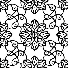 Pattern with thin lines and scrolls on white background. Monochrome abstract floral linear texture. Seamless ornamental design. Vector design for swatches, 
