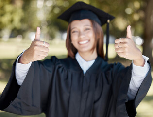 University, graduation and student with thumbs up for success, award and certificate ceremony....