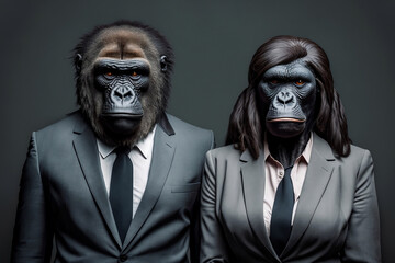Gorilla Bosses: A Powerful Primate Couple in Sharp Business Suits, Creative stock image of animal couple in business suit. Generative AI