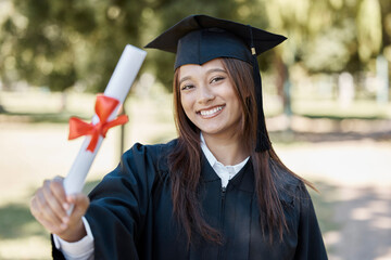 University, graduation and portrait of girl with diploma on campus smile for success, award and...