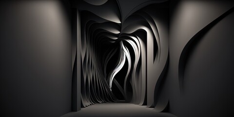 Stylish black abstract form on gloomy dark background in beautiful empty room, Generative AI