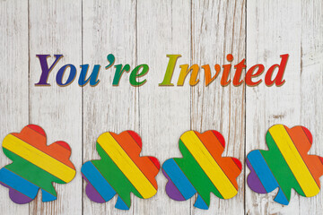 Youre Invited greeting with rainbow shamrocks