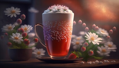 Obraz na płótnie Canvas close up strawberry milk shake cool drink desert with strawberry and flower , Generative Ai