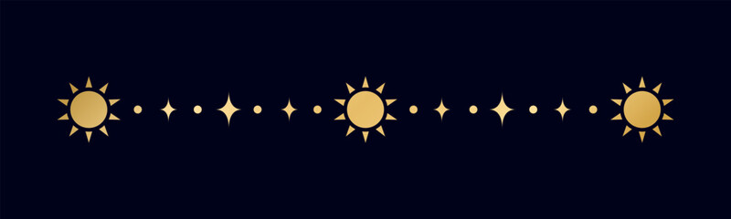 Gold celestial separator with sun, stars, moon phases, crescents. Ornate boho mystic divider decorative element