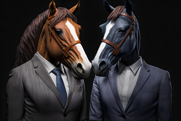 Horsing Around in the Boardroom: Horse Couple in Sharp Business Attire, Creative stock image of animal couple in business suit. Generative AI