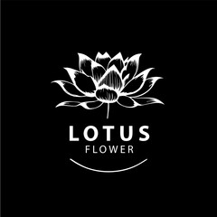 Obraz premium Minimalistic waterlily logo template, white icon of lotus petals flower silhouette on black background, yoga logotype concept, cosmetic emblem, tattoo. Vector illustration