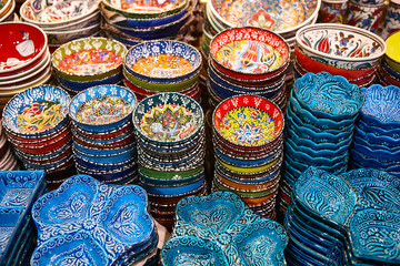 Decorative colorful ceramic plates in Istanbul grand bazaar market. Turkey