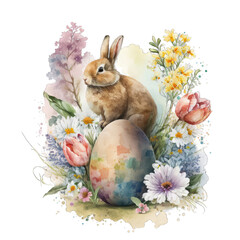 Easter rabbit watercolor with flowers and easter eggs. Transparent background. Generative AI