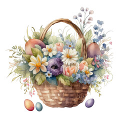 Cute easter rabbit in a basket with flowers. Transparent background. Generative AI