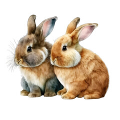 Obraz premium Watercolor illustration of two bunnies. Transparent background. Generative AI