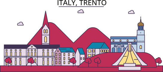 Italy, Trento tourism landmarks, vector city travel illustration - obrazy, fototapety, plakaty
