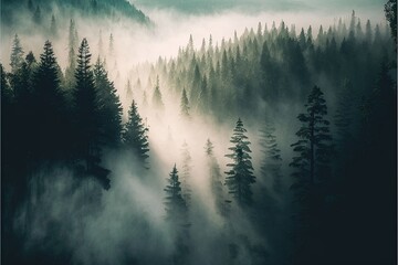 Forest in the fog. Realism, green, light fog, sun rays. Illustration. AI