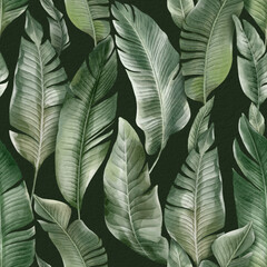 Fototapeta premium Seamless floral pattern with Banana palm leaves hand-drawn painted in watercolor style. The seamless pattern can be used on a variety of surfaces, wallpaper, textiles or packaging 