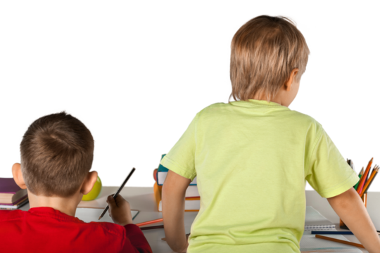 Two School Children Drawing on Notebooks, Back View