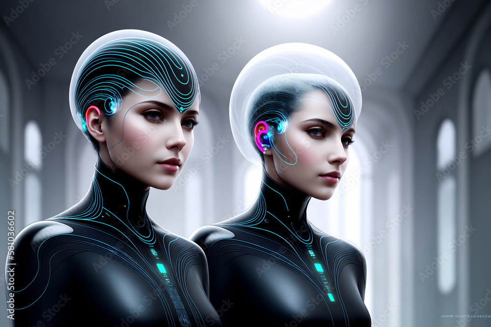 Poster futuristic concept of interaction between artificial intelligence and human being, machine learning,