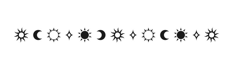 Celestial mystic separator with sun, stars, moon phases, crescents. Ornate boho magical divider decorative element