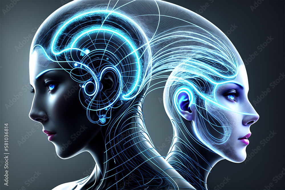 Poster futuristic concept of interaction between artificial intelligence and human being, machine learning,