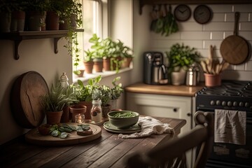 Spring Kitchen Oasis with Greenery and Natural Light Generative AI