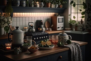 Fototapeta na wymiar Spring Kitchen Oasis with Greenery and Natural Light Generative AI