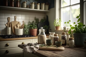Fototapeta na wymiar Cozy Kitchen with Greenery and Soft Lighting Generative AI