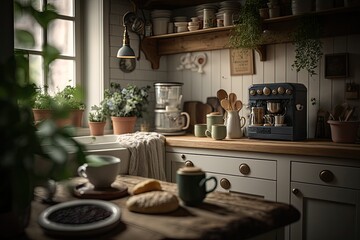 Spring Kitchen Oasis with Greenery and Natural Light Generative AI