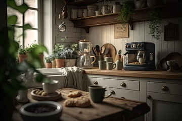 Obraz na płótnie Canvas Spring Kitchen Oasis with Greenery and Natural Light Generative AI