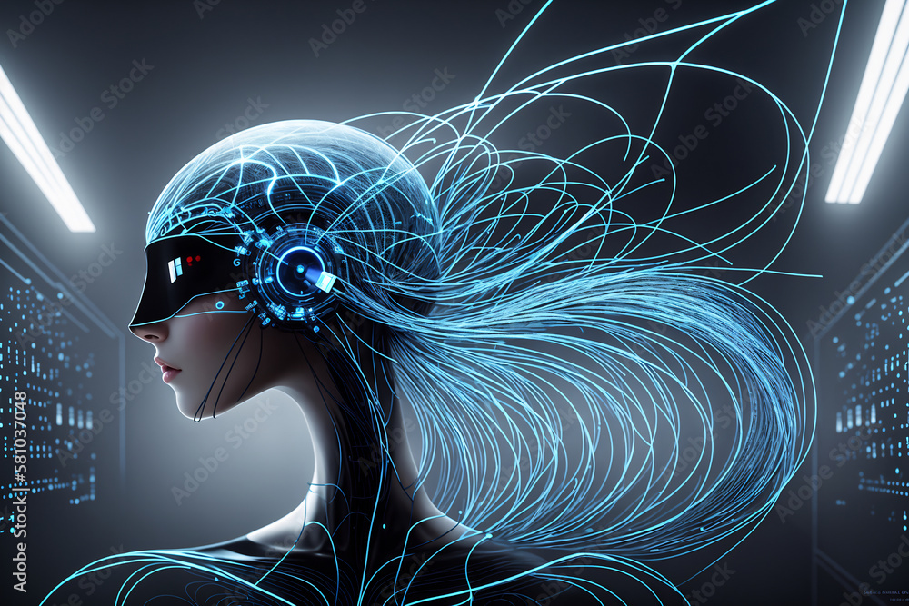 Poster futuristic concept of interaction between artificial intelligence and human being, machine learning,