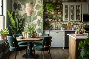 Botanical-Inspired Kitchen Interiors with Fresh Herbs and Plants Generative AI