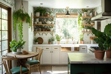 Botanical-Inspired Kitchen Interiors with Fresh Herbs and Plants Generative AI