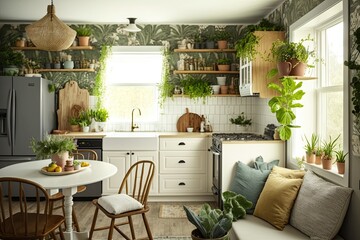Botanical-Inspired Kitchen Interiors with Fresh Herbs and Plants Generative AI