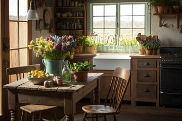 Fototapeta na wymiar Rustic Spring Kitchen Interiors with Fresh Produce and Farmhouse Charm Generative AI