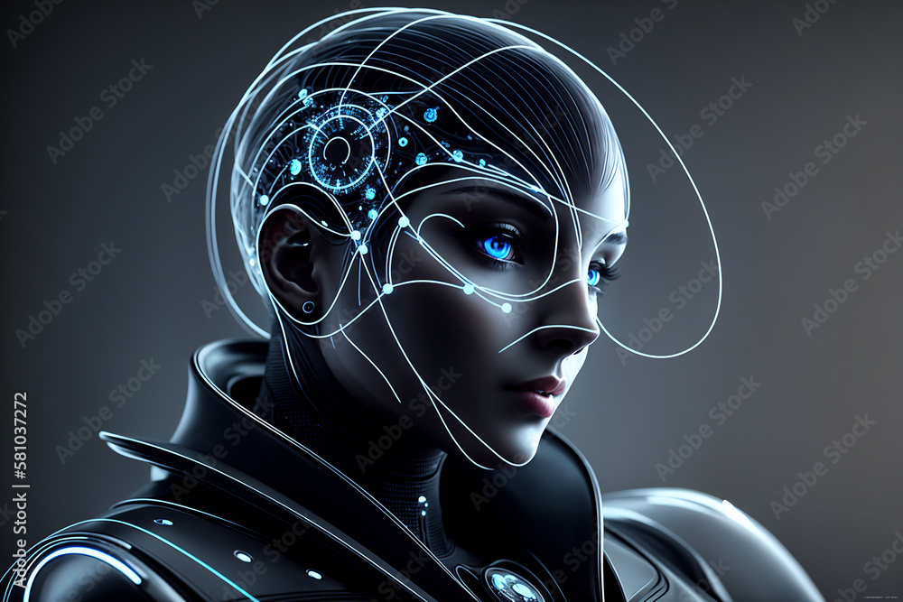 Poster futuristic concept of interaction between artificial intelligence and human being, machine learning,