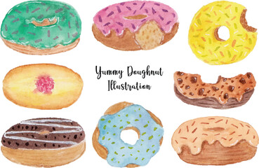 Fototapeta na wymiar a set of yummy sweet doughnut watercolor illustration