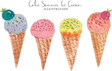 a set of  tropical summer ice cream cone watercolor illustration