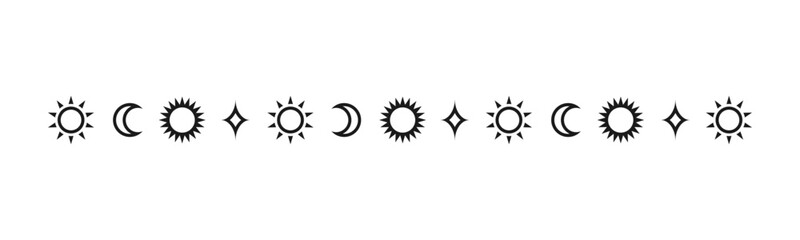 Celestial mystic separator with sun, stars, moon phases, crescents. Ornate boho magical divider decorative element