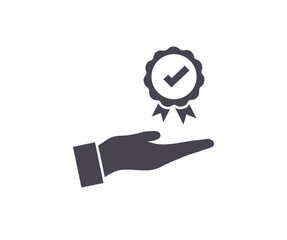 Hand holding approval check logo design. Approved or certified medal. Certified badge. Approval check symbol vector design and illustration.