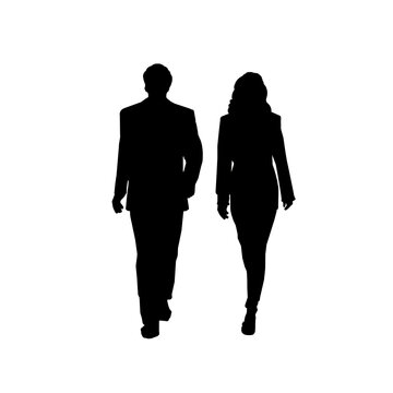 Silhouette uomo donna nera in coppia che camminano a piedi uno a fianco l'altra