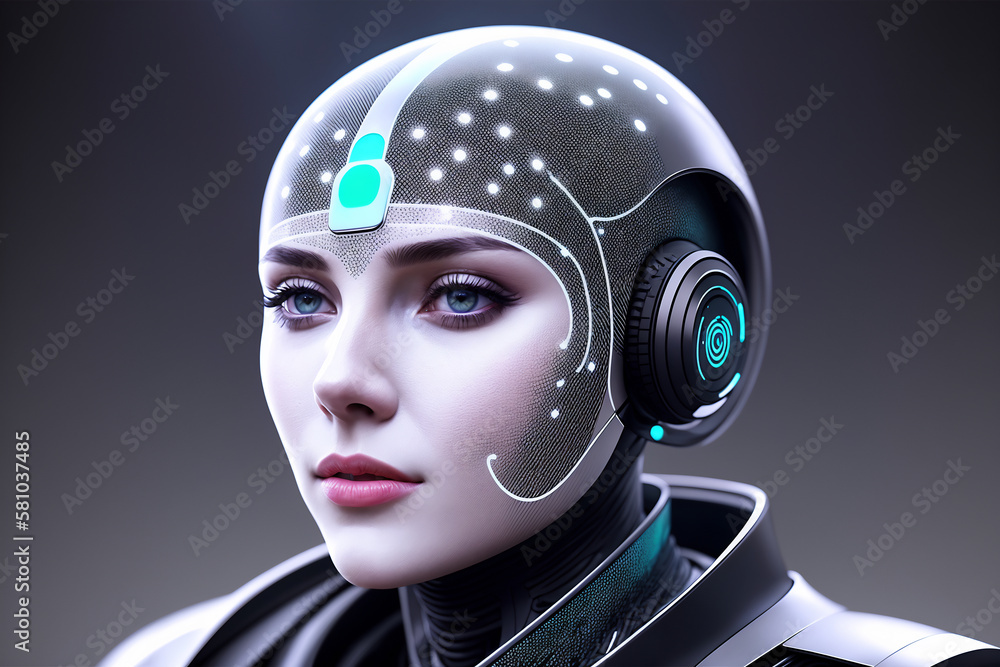 Poster futuristic concept of interaction between artificial intelligence and human being, machine learning,