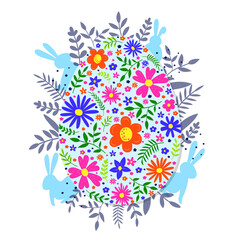 Floral Easter egg with bunnies on transparent background. PNG illustration