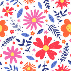 Floral seamless pattern. Transparent spring background with blowing flowers and leaves. PNG illustration