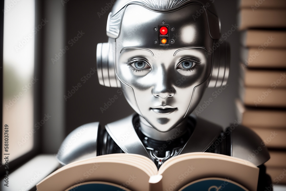 Aufkleber an antropomothic robot android reading a book, concept of machine learning. ai generative
