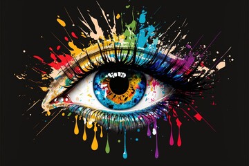 Female eye. Watercolor, multicolored, colorful eye, paints. Illustration. AI