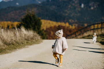 Child walking on a path in mountains with a dog running behind.