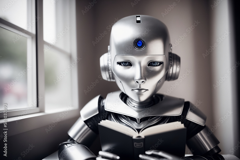 Aufkleber an antropomothic robot android reading a book, concept of machine learning. ai generative