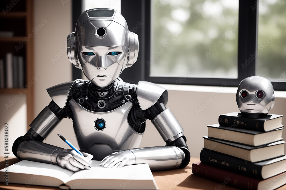 Aufkleber an antropomothic robot android doing home task, concept of machine learning. ai generative