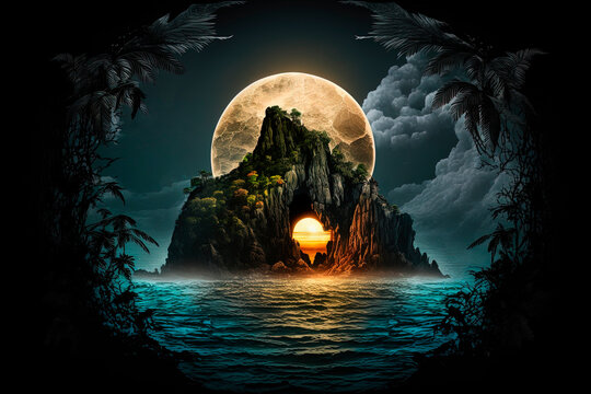 A mysterious island emerges from the depths waters. Generative AI