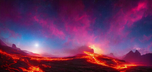 Fototapeta premium volcano eruption with lava on the dark mountain and sky. Abstract background. Ai generated.